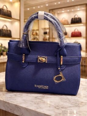 bebe Royal Blue Structured Satchel with Gold Accents